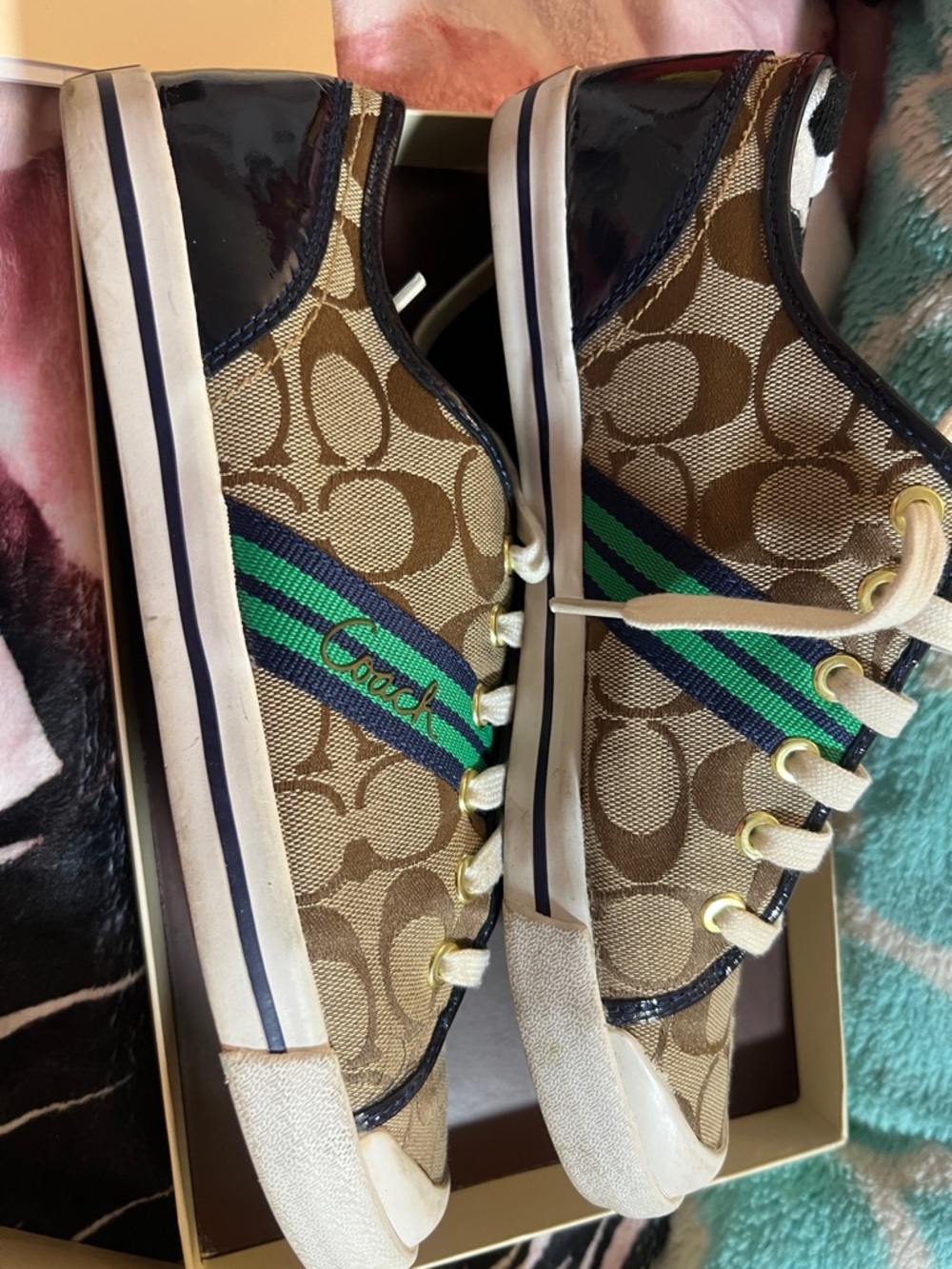 Coach Tan Signature Canvas Sneaker with Green and Navy Stripe - Picture 4 of 6